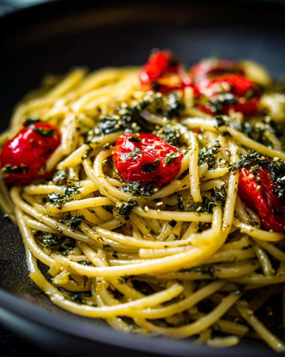 Summer Garden Pasta: 5 Glorious Veggie Minutes 8 Close-up of Summer Garden Pasta with bright red tomatoes and pesto-like sauce, served in a dark bowl.