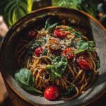 Bowl of Summer Garden Pasta with fresh basil, spinach, cherry tomatoes, and grated cheese topping.