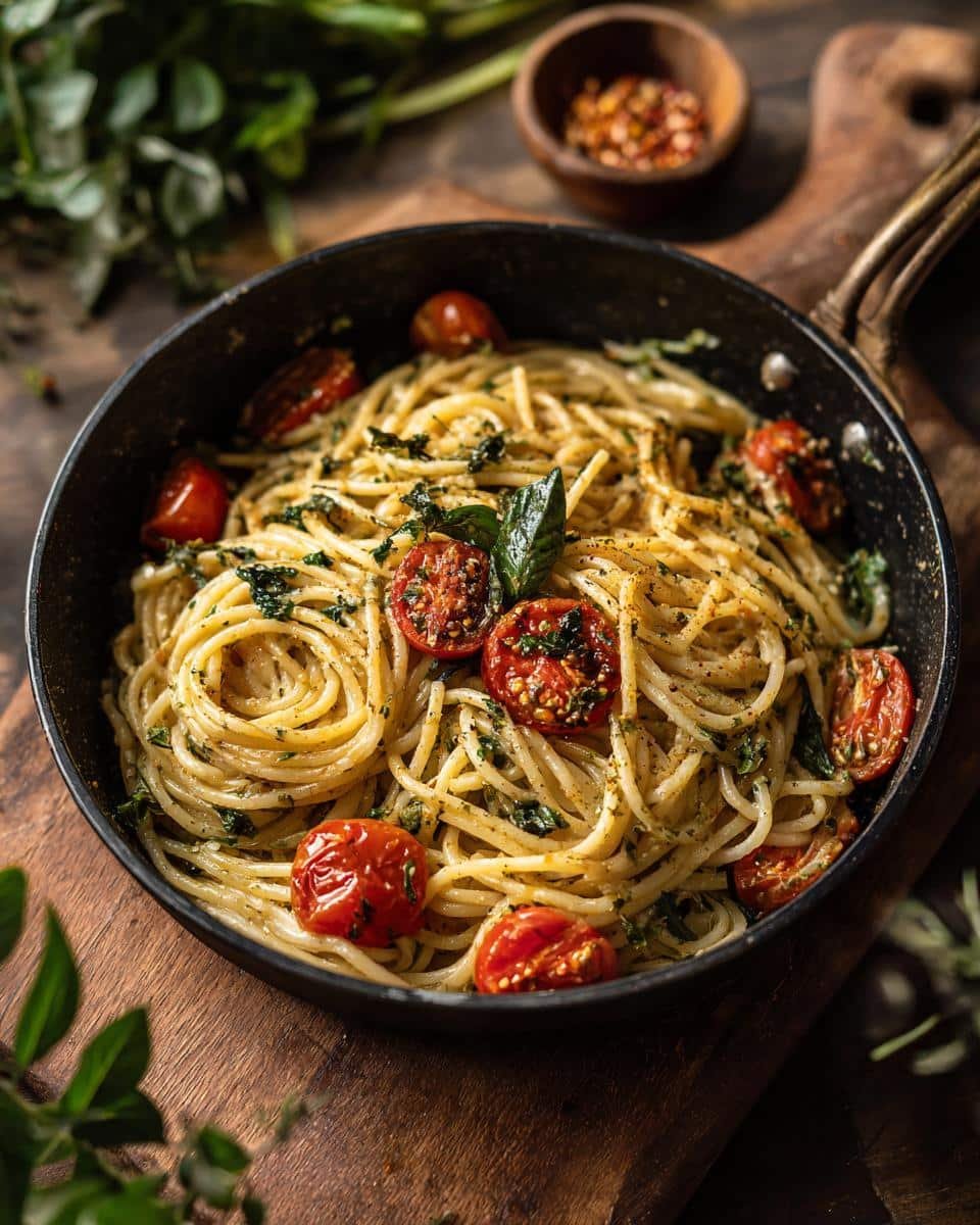Summer Garden Pasta: 5 Glorious Veggie Minutes 9 A pan of Summer Garden Pasta featuring spaghetti, roasted tomatoes, and fresh herbs.