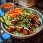 A vibrant Sweet Chili Chicken Bowl with Coconut Lime Drizzle, featuring chicken, rice, carrots, cucumbers, and cilantro.