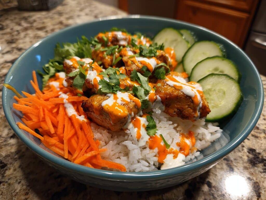 A vibrant Sweet Chili Chicken Bowl with Coconut Lime Drizzle, featuring chicken, rice, carrots, cucumber, and cilantro.