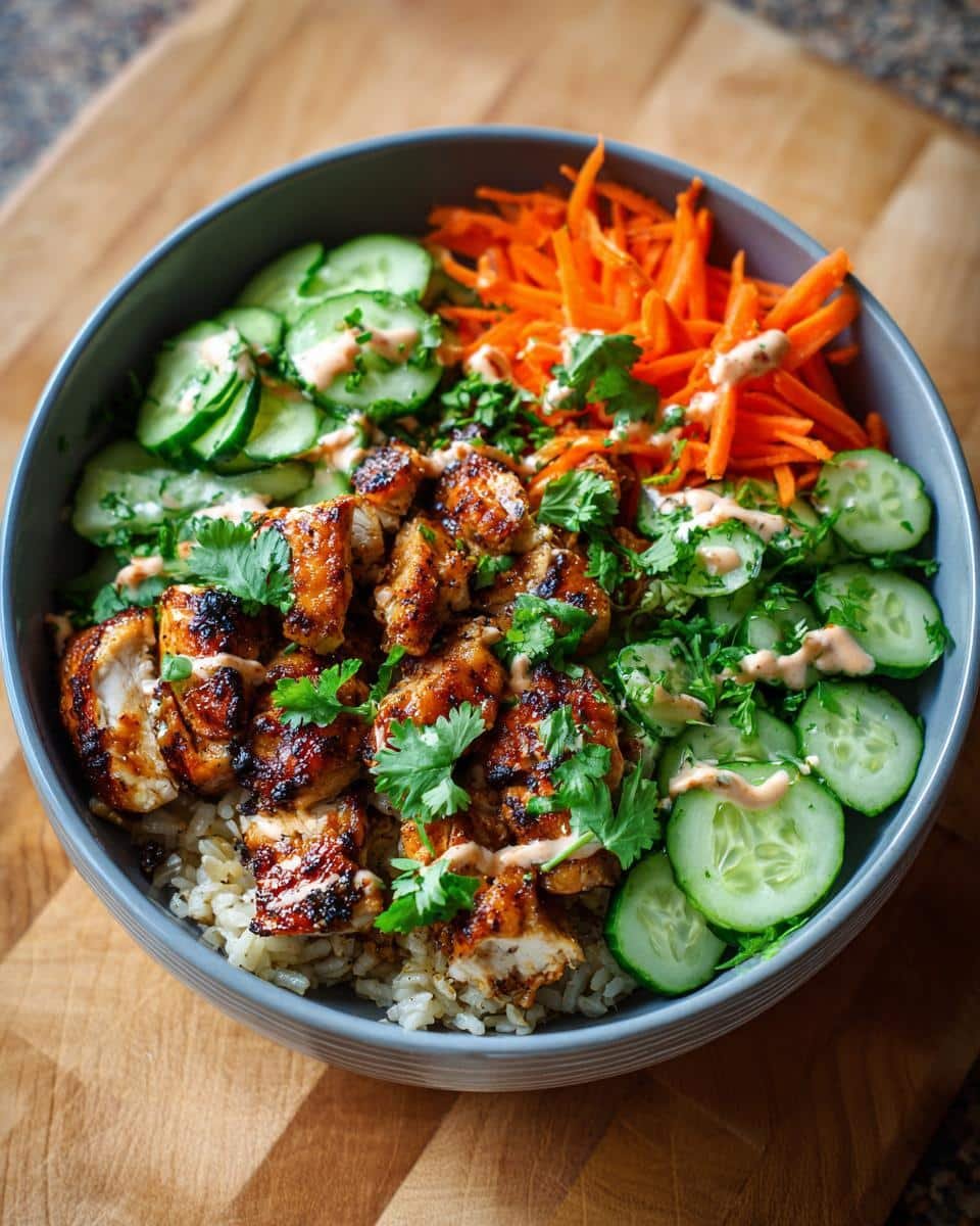 Sweet Chili Chicken Bowl: Unbelievably Easy 30-Minute Dish 6 Overhead view of a Sweet Chili Chicken Bowl with Coconut Lime Drizzle, featuring chicken, rice, cucumbers, and carrots.