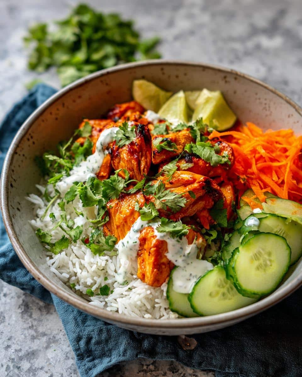 Sweet Chili Chicken Bowl: Unbelievably Easy 30-Minute Dish 8 A vibrant Sweet Chili Chicken Bowl with Coconut Lime Drizzle, featuring chicken, rice, cucumber, carrots, and cilantro.