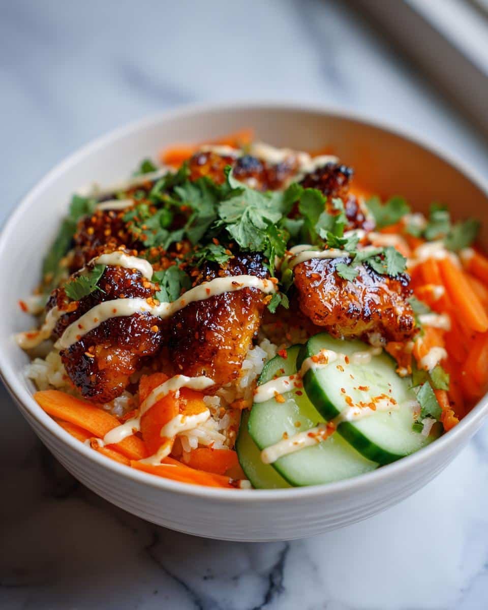 Sweet Chili Chicken Bowl: Unbelievably Easy 30-Minute Dish 9 A vibrant Sweet Chili Chicken Bowl with Coconut Lime Drizzle, featuring chicken, rice, carrots, cucumber, and cilantro.