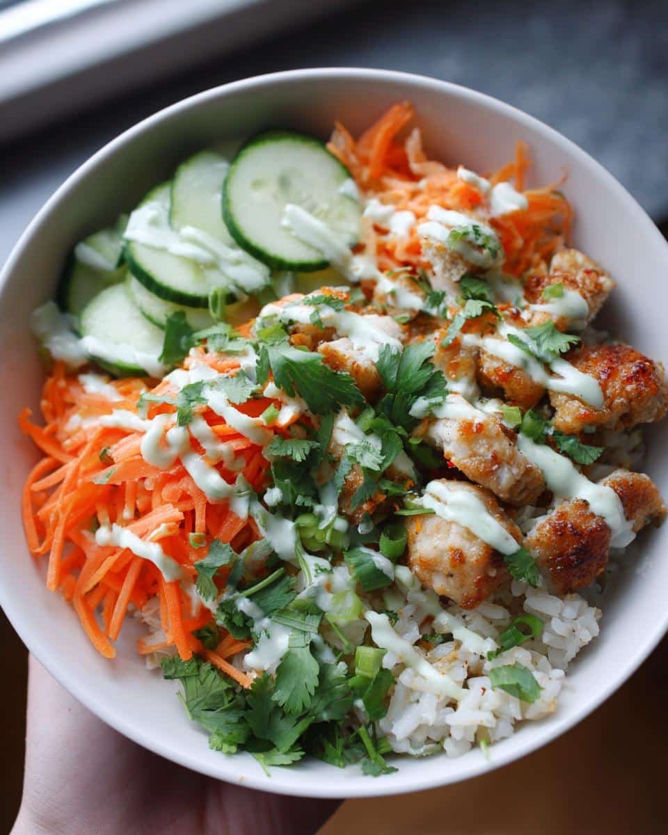Sweet Chili Chicken Bowl: Unbelievably Easy 30-Minute Dish 7 A vibrant Sweet Chili Chicken Bowl with Coconut Lime Drizzle, featuring chicken, rice, carrots, cucumber, and herbs.
