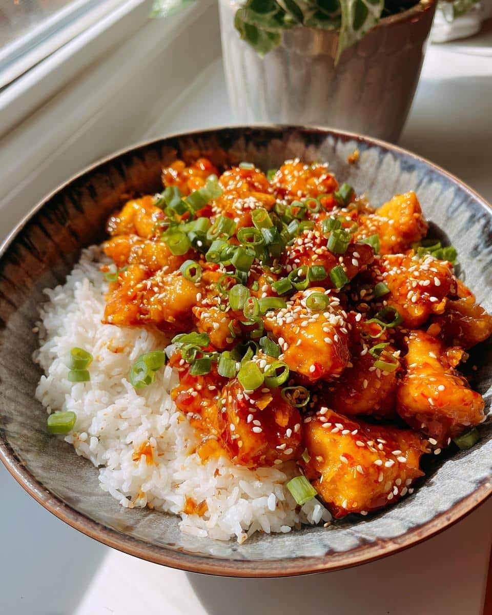 Sweet Chili Chicken Rice Bowls: 20-Minute Dinner Savior 6 A vibrant Sweet Chili Chicken Rice Bowl, topped with sesame seeds and green onions, served in a rustic bowl.