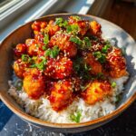 A delicious Sweet Chili Chicken Rice Bowl topped with sesame seeds and green onions, ready to eat.
