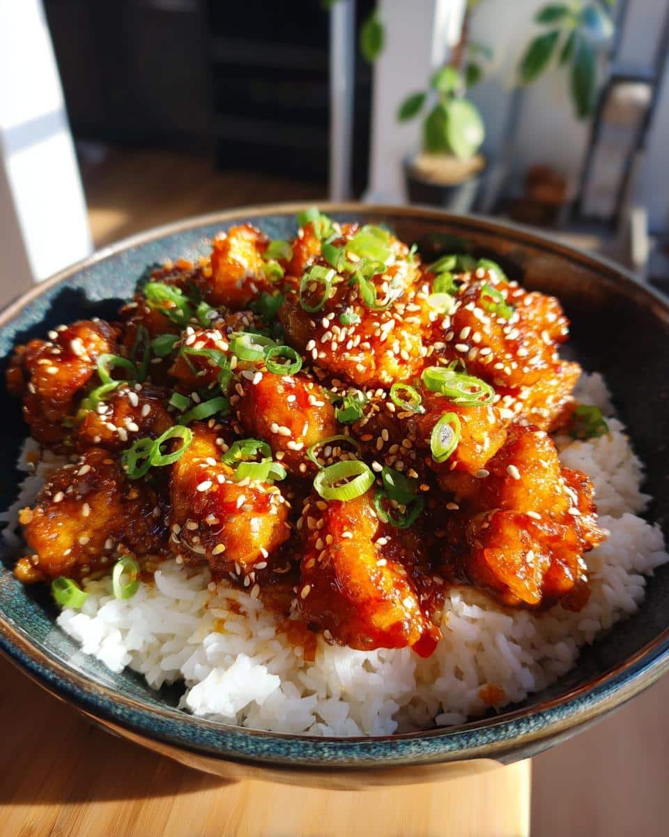 Sweet Chili Chicken Rice Bowls: 20-Minute Dinner Savior 7 A vibrant Sweet Chili Chicken Rice Bowl topped with sesame seeds and fresh scallions.