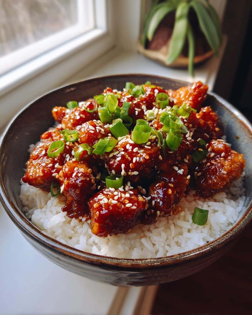 Sweet Chili Chicken Rice Bowls: 20-Minute Dinner Savior 9 Close-up of a Sweet Chili Chicken Rice Bowl topped with sesame seeds and green onions.