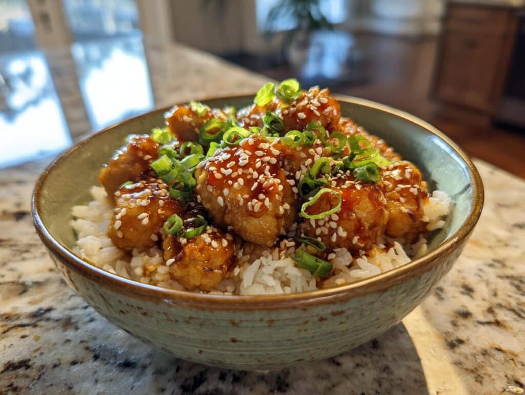 Close-up of Sweet Chili Chicken Rice Bowls topped with sesame seeds and green onions in a green bowl.