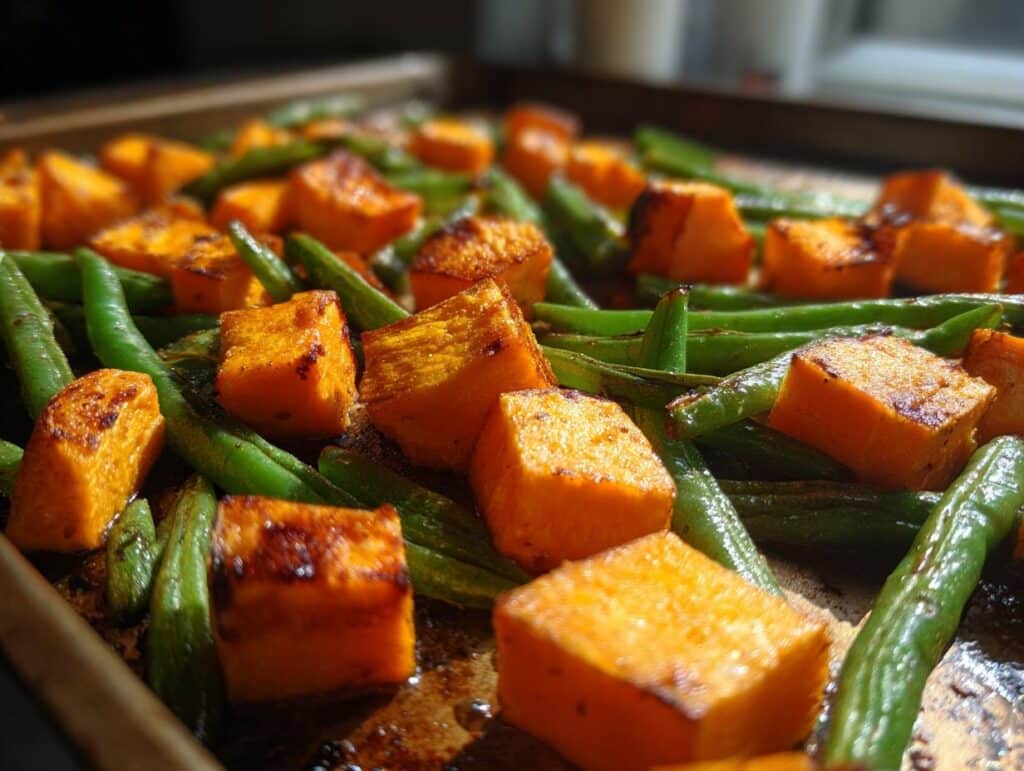 Roasted Sweet Potato Green Bean Tray Bake, ready for meal prep. Close up of the vegetables on the baking sheet.
