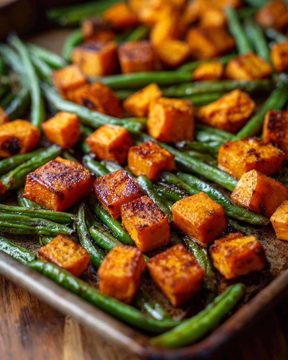 Sweet Potato Green Bean Tray Bake: 4-Day Meal Prep 6 Roasted Sweet Potato Green Bean Tray Bake. Diced sweet potatoes and green beans on a baking sheet, ready to serve.