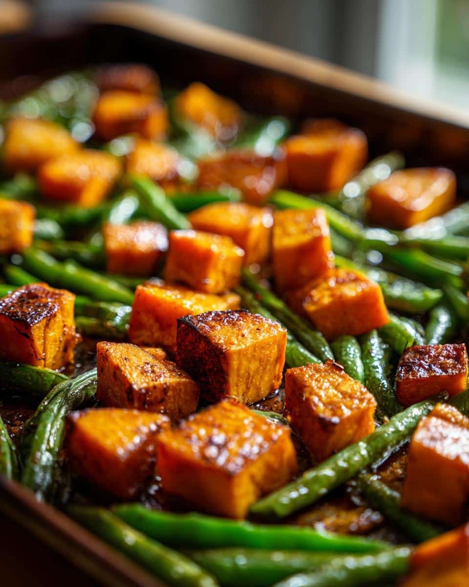 Sweet Potato Green Bean Tray Bake: 4-Day Meal Prep 8 Close-up of a Sweet Potato Green Bean Tray Bake, showing roasted sweet potato cubes and green beans on a baking sheet.
