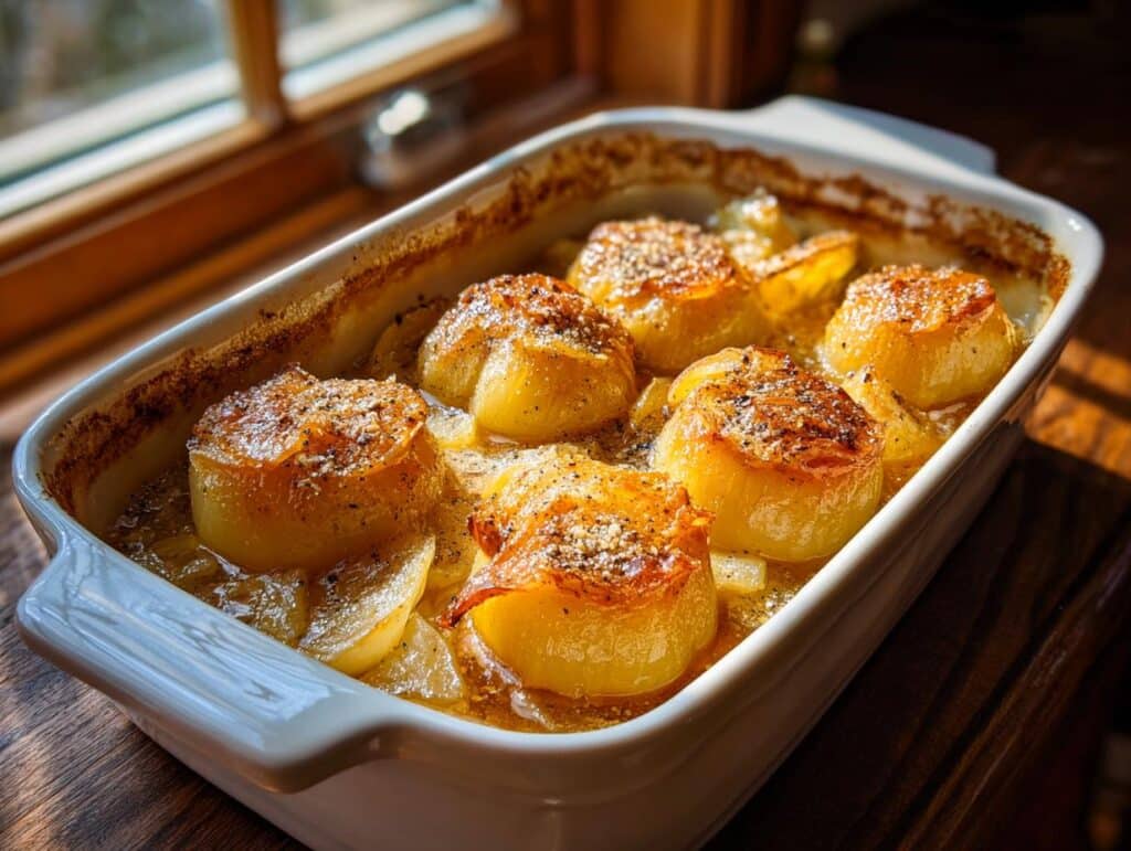 Close-up of baked Tennessee Onions in a white baking dish, showcasing their golden-brown tops and savory seasoning.