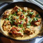 A cast iron skillet filled with Texas Roadhouse Butter Chicken, garnished with fresh cilantro.