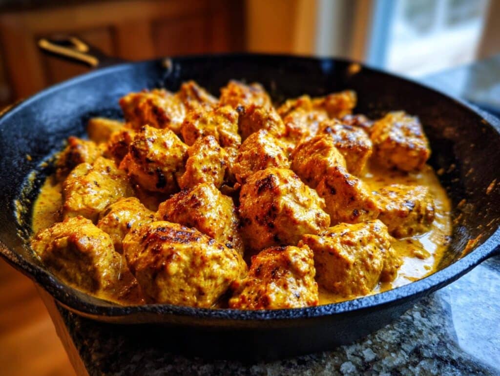 Close-up of Texas Roadhouse Butter Chicken Skillet with tender chicken pieces in a creamy, flavorful sauce.