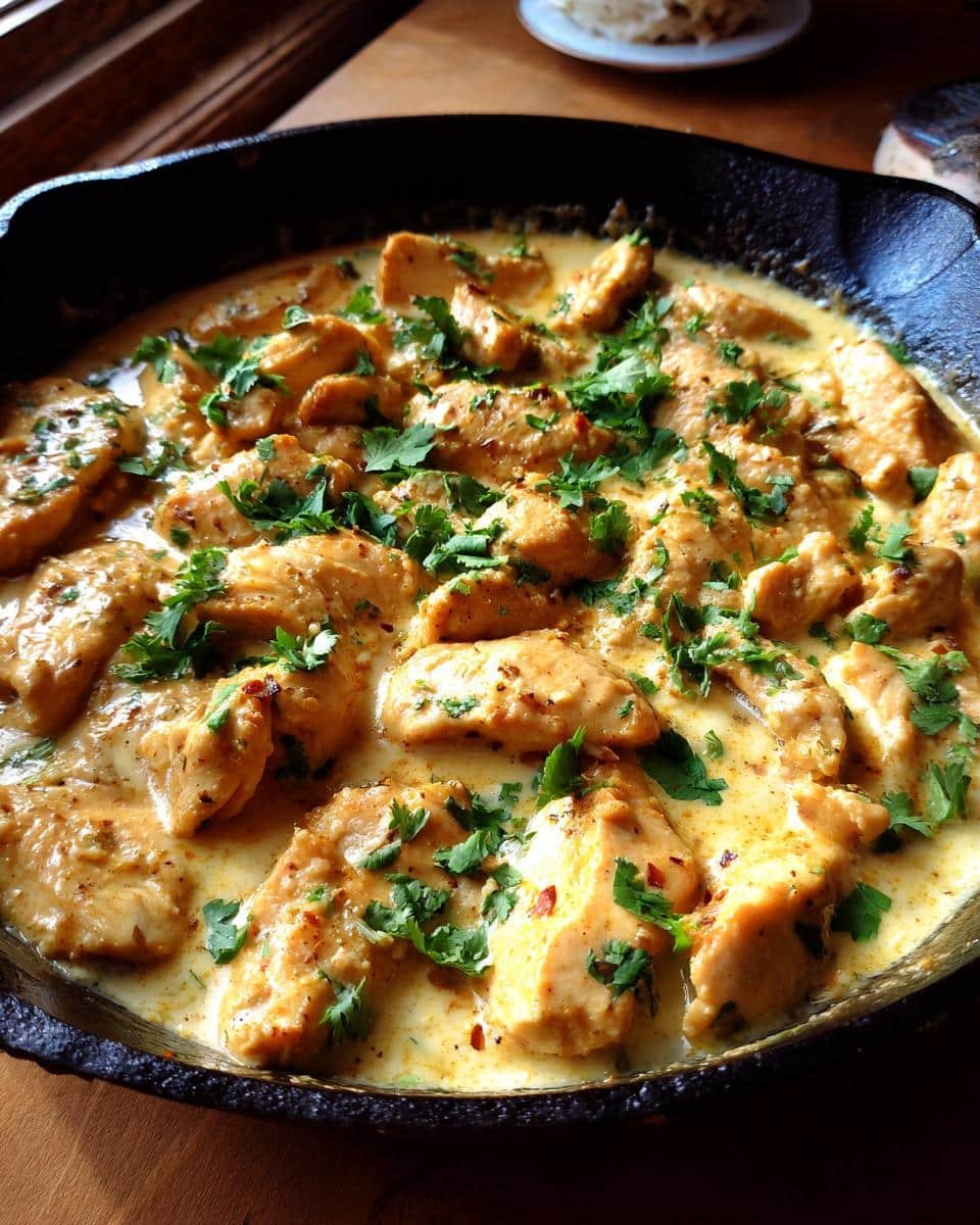 Delicious Texas Roadhouse Butter Chicken Skillet in 40 9 A Texas Roadhouse Butter Chicken Skillet, featuring chicken in a creamy sauce, garnished with cilantro and red pepper flakes.