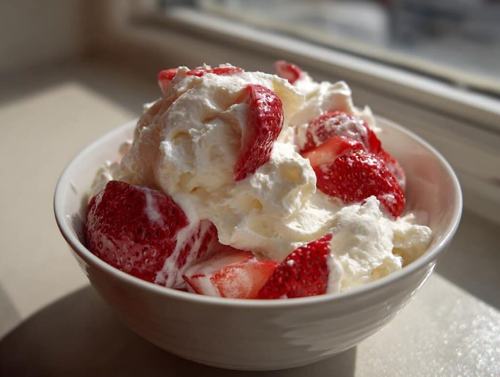 Bowl of Tres Leches Whipped Cream Strawberries. Fresh, ripe strawberries are topped with a generous amount of whipped cream.