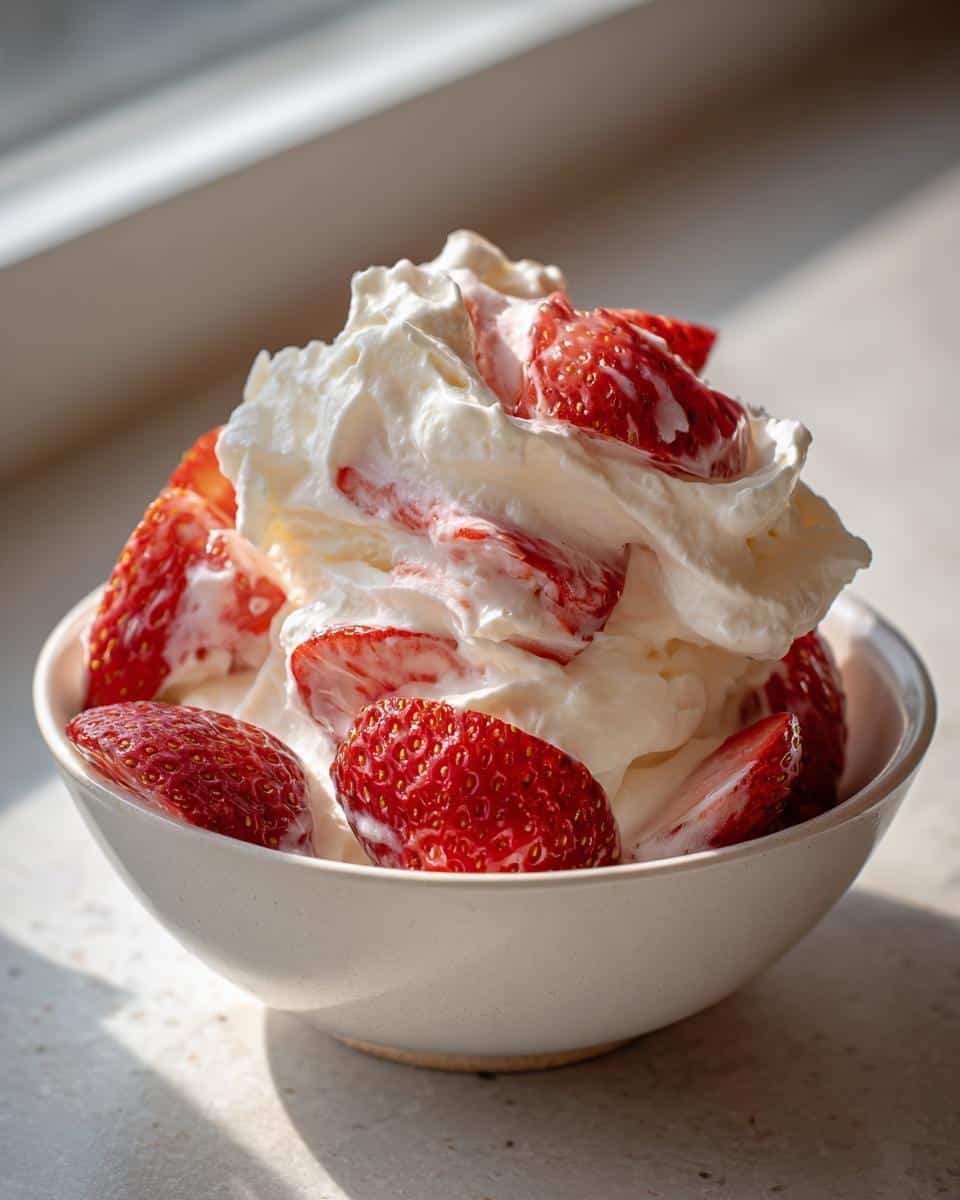 Heavenly Tres Leches Whipped Cream Strawberries in 5 Steps 7 Bowl of Tres Leches Whipped Cream Strawberries, a delicious and creamy dessert.