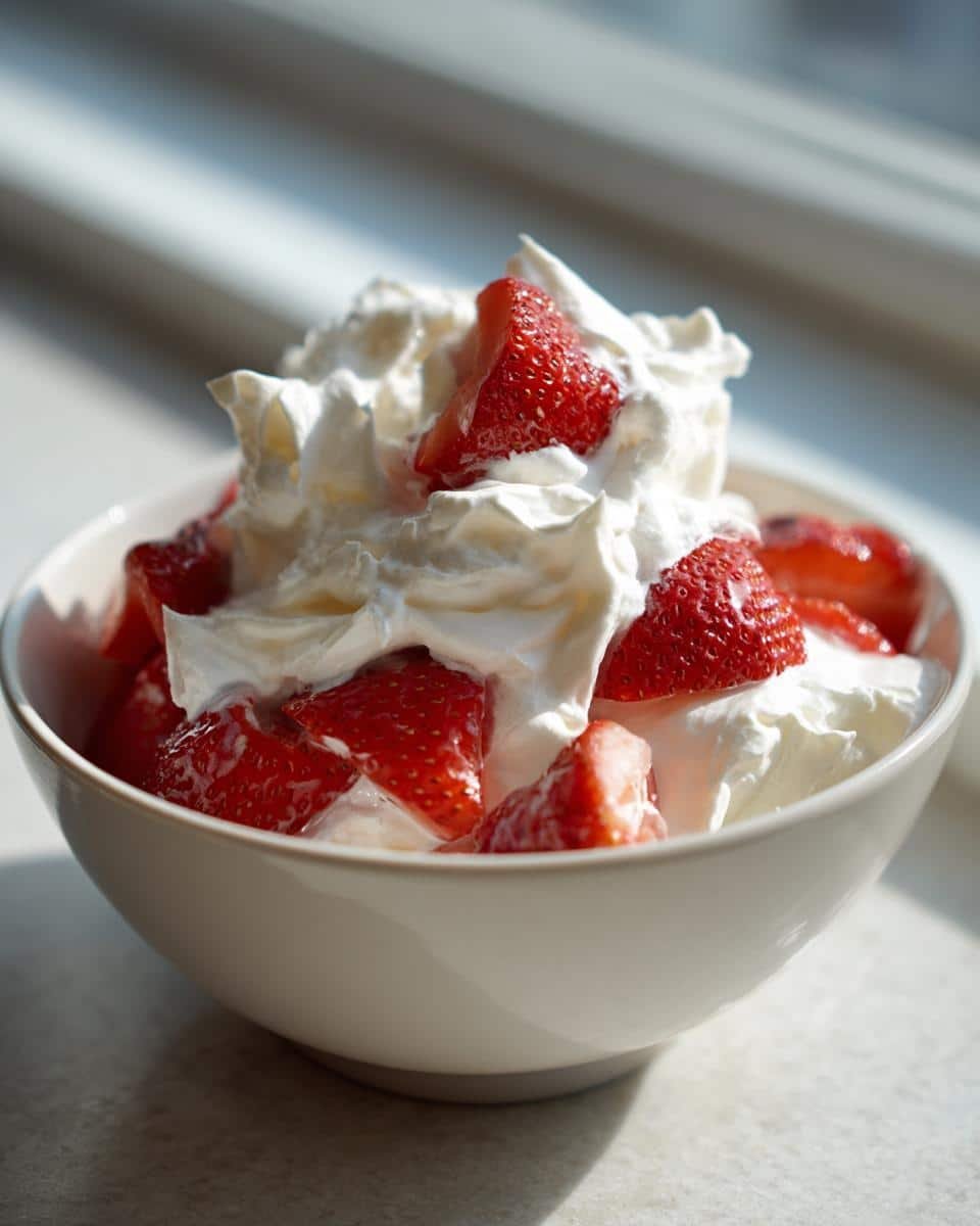 Heavenly Tres Leches Whipped Cream Strawberries in 5 Steps 8 Bowl of fresh strawberries topped with Tres Leches whipped cream, ready to eat.