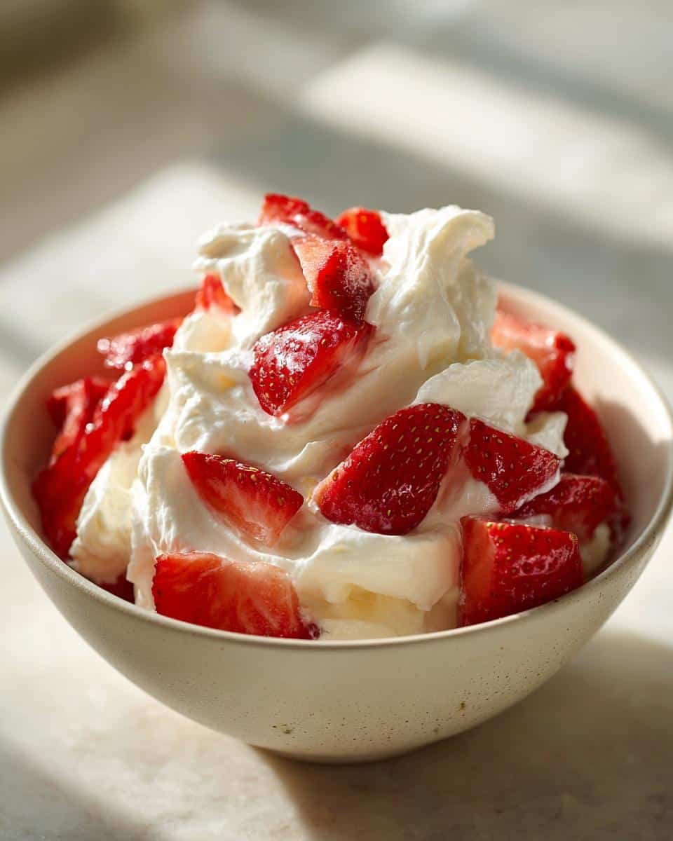 Heavenly Tres Leches Whipped Cream Strawberries in 5 Steps 9 Close-up of Tres Leches Whipped Cream Strawberries in a bowl, topped with fresh sliced strawberries.