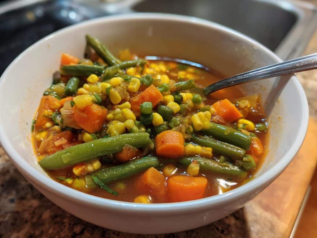 A bowl of homemade Vegetable Soup filled with carrots, green beans, corn, and peas.