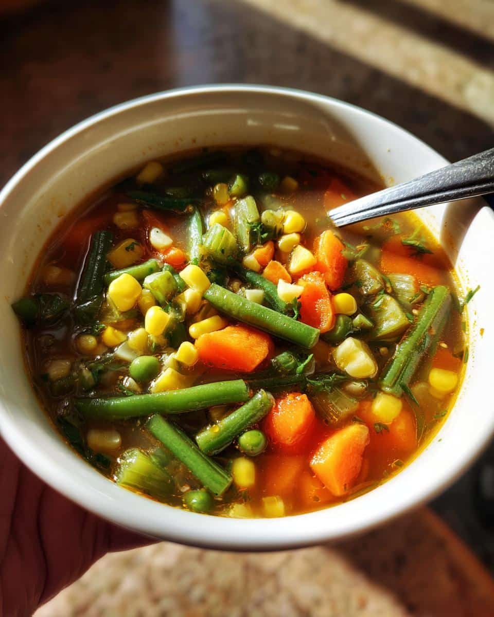 Disgustingly Delicious Vegetable Soup in Just 4 Steps 9 Close-up of a bowl of vibrant Vegetable Soup with carrots, corn, green beans, and peas.