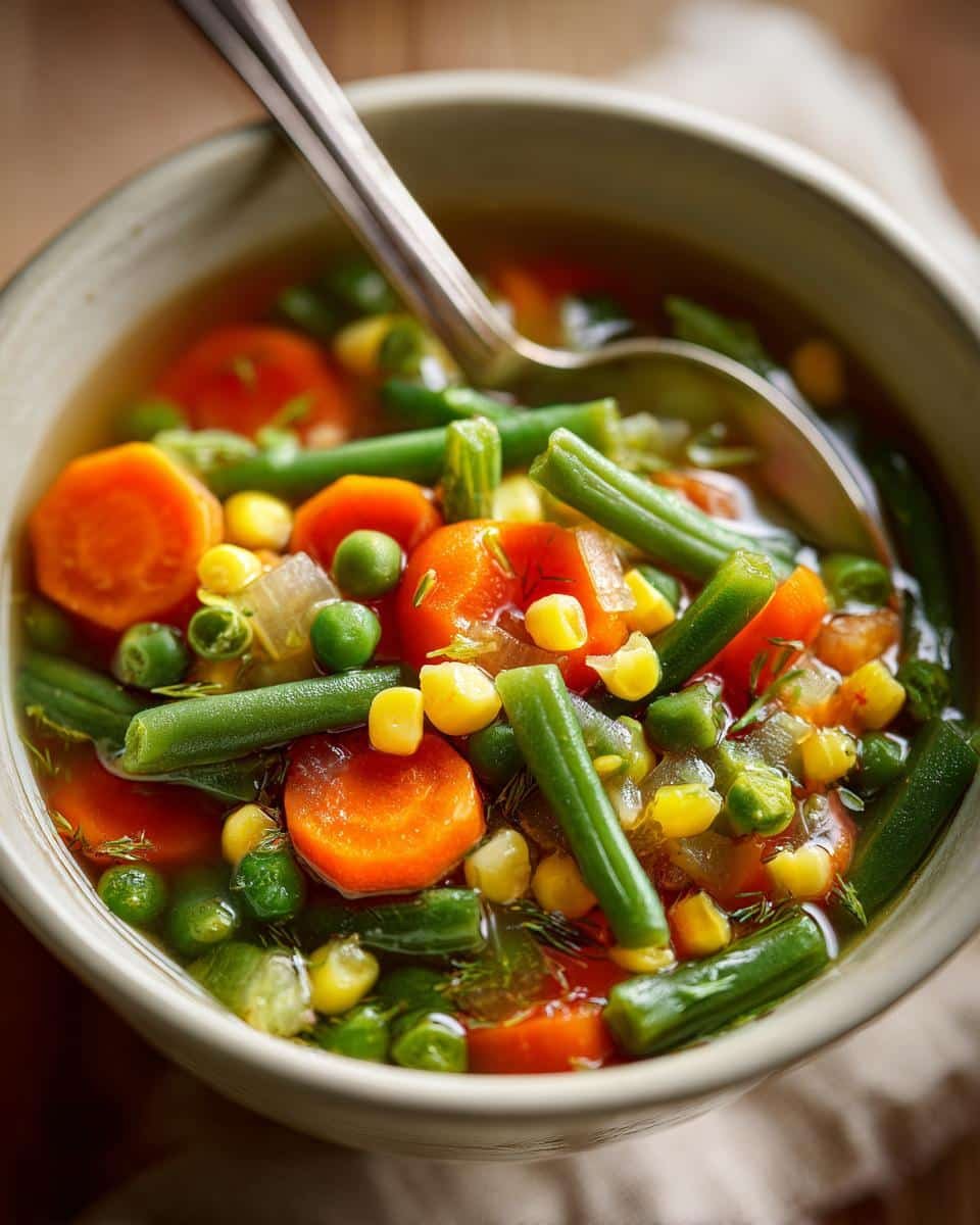 Disgustingly Delicious Vegetable Soup in Just 4 Steps 8 Close-up of a bowl of vibrant Vegetable Soup, featuring carrots, green beans, corn, and peas with a spoon.