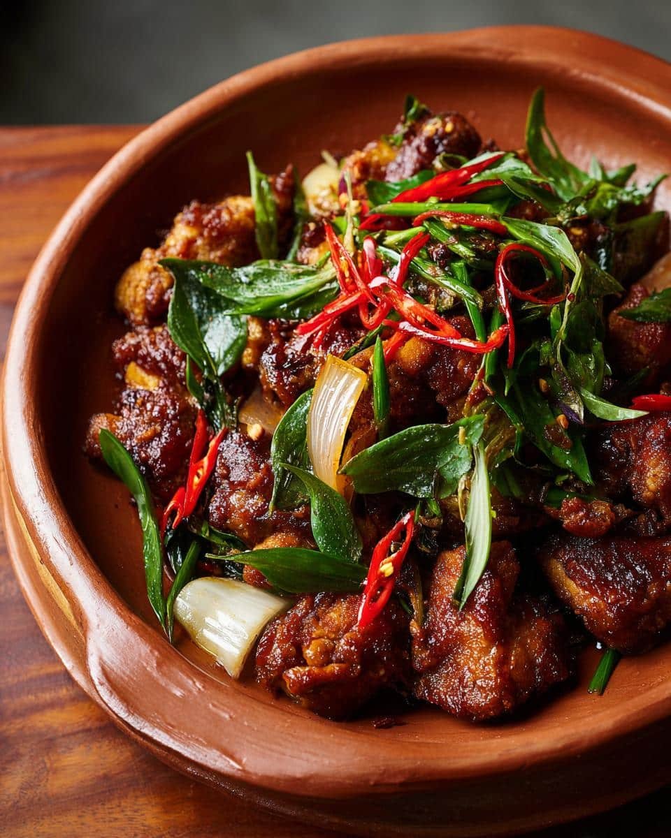 Vietnamese Lemongrass Chicken: Shockingly Easy Recipe 6 Close-up of Vietnamese Lemongrass Chicken in a bowl, garnished with herbs and chili peppers.