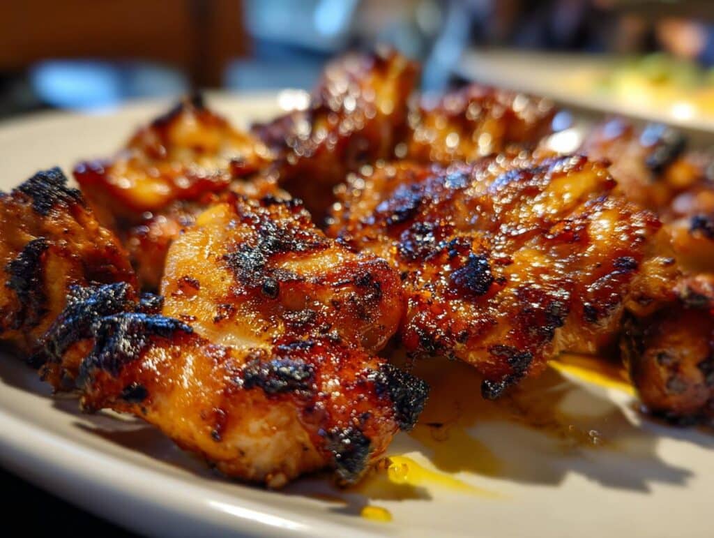 Close-up of glazed Vietnamese Lemongrass Chicken pieces on a white plate, showcasing its caramelized texture.