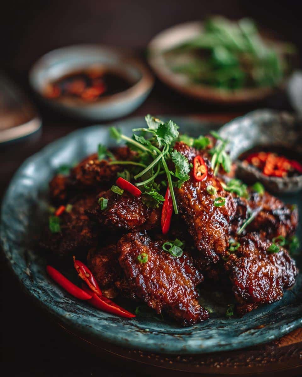 Vietnamese Lemongrass Chicken: Shockingly Easy Recipe 7 A plate of Vietnamese Lemongrass Chicken wings, garnished with cilantro and red chili peppers.