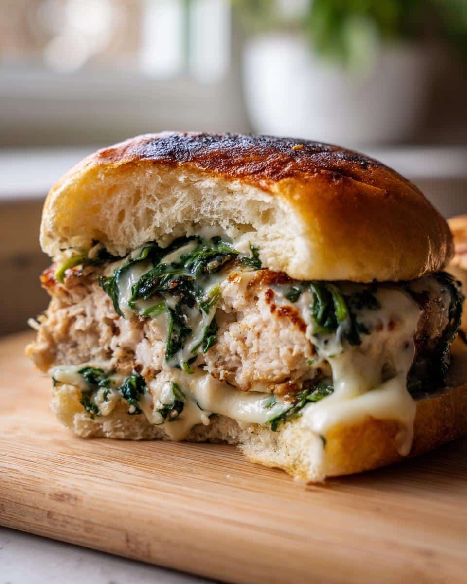 Disgustingly Easy White Cheddar Spinach Chicken Burgers 6 Close-up of a White Cheddar Spinach Chicken Burger on a bun, showcasing the melted cheese and spinach.