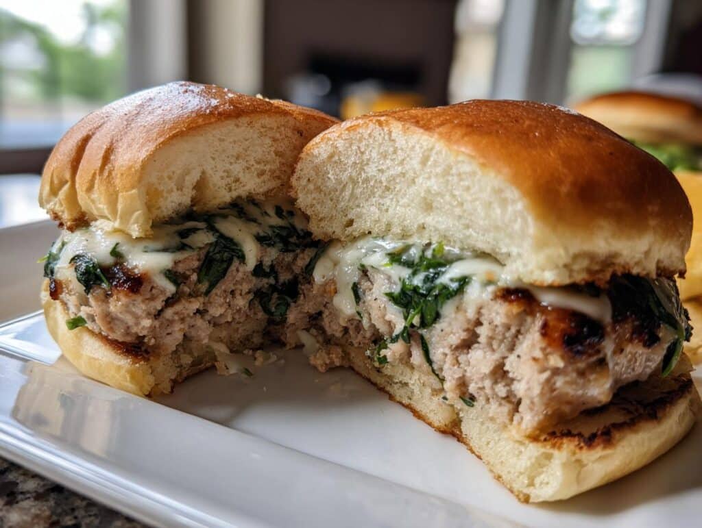 A White Cheddar Spinach Chicken Burger cut in half on a white plate, showcasing the juicy patty and melted cheese.