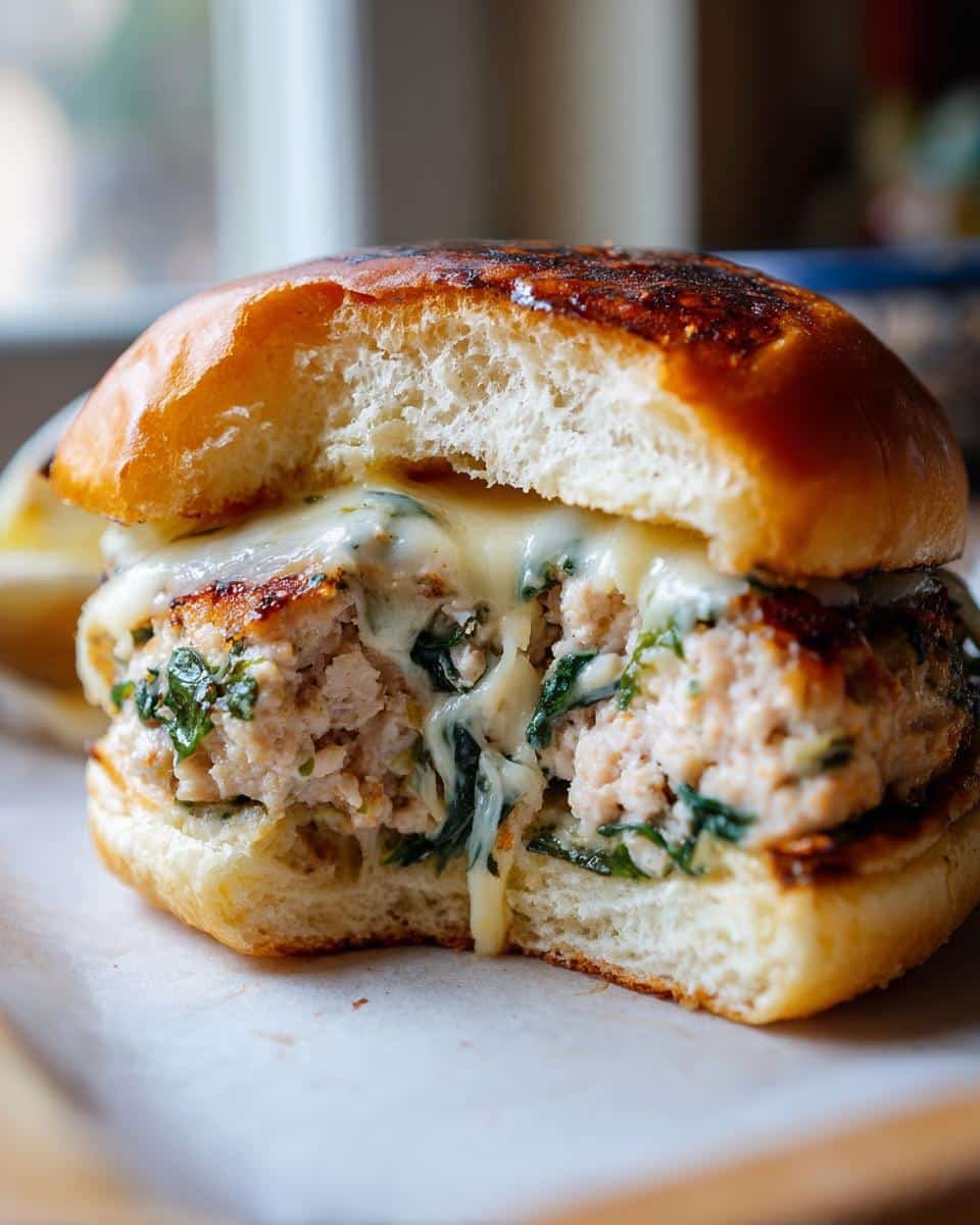 Disgustingly Easy White Cheddar Spinach Chicken Burgers 8 Close-up of a White Cheddar Spinach Chicken Burger cut in half, showing the spinach and melted cheese.