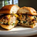 A halved White Cheddar Spinach Chicken Burger on a bun, showing the cheesy spinach filling.