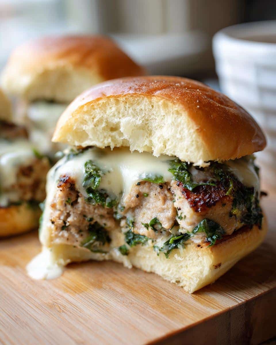 Disgustingly Easy White Cheddar Spinach Chicken Burgers 9 A close-up of White Cheddar Spinach Chicken Burgers on a wooden board, showing melted cheese and spinach.