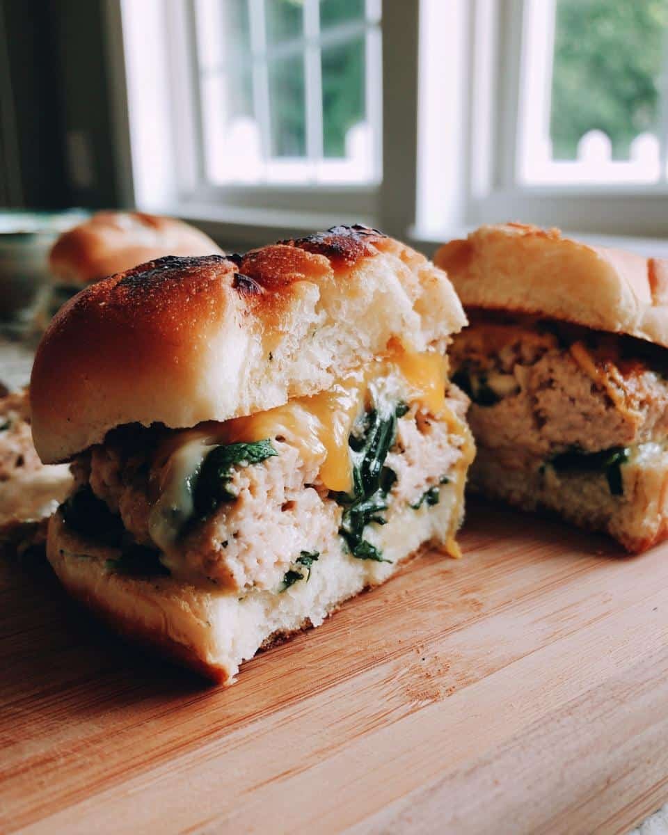 Disgustingly Easy White Cheddar Spinach Chicken Burgers 7 Close-up of White Cheddar Spinach Chicken Burgers cut in half on a wooden board, showcasing the ingredients.