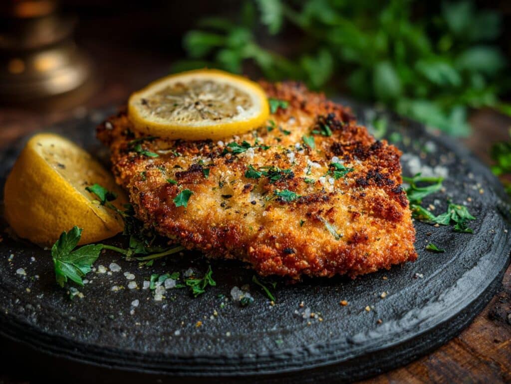 Close-up of Zesty Lemon Pecorino Crispy Chicken garnished with lemon, parsley, and salt on a dark plate.