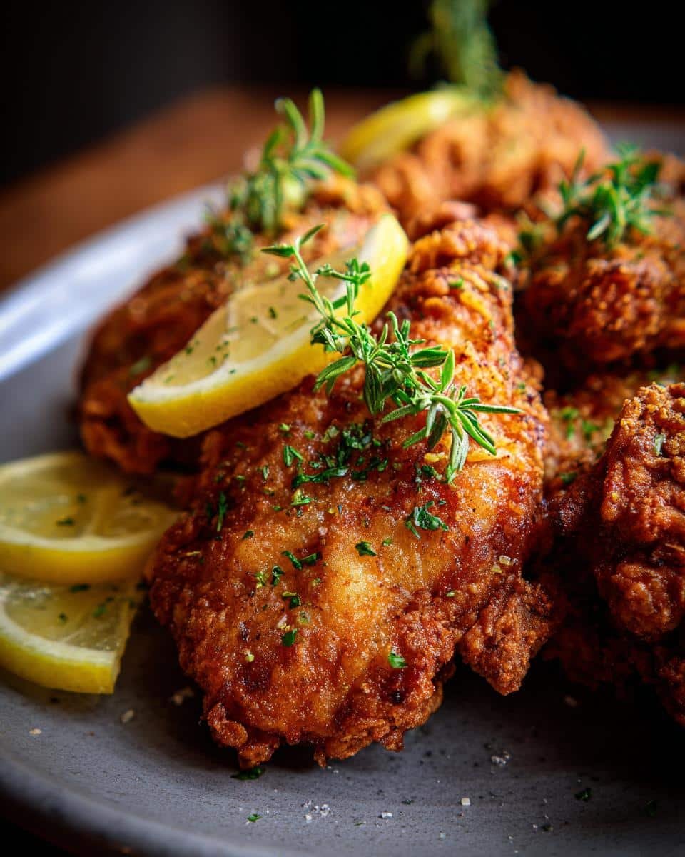 Zesty Lemon Pecorino Crispy Chicken: Ditch Sad Chicken 7 Close-up of Zesty Lemon Pecorino Crispy Chicken garnished with lemon slices and herbs on a gray plate.