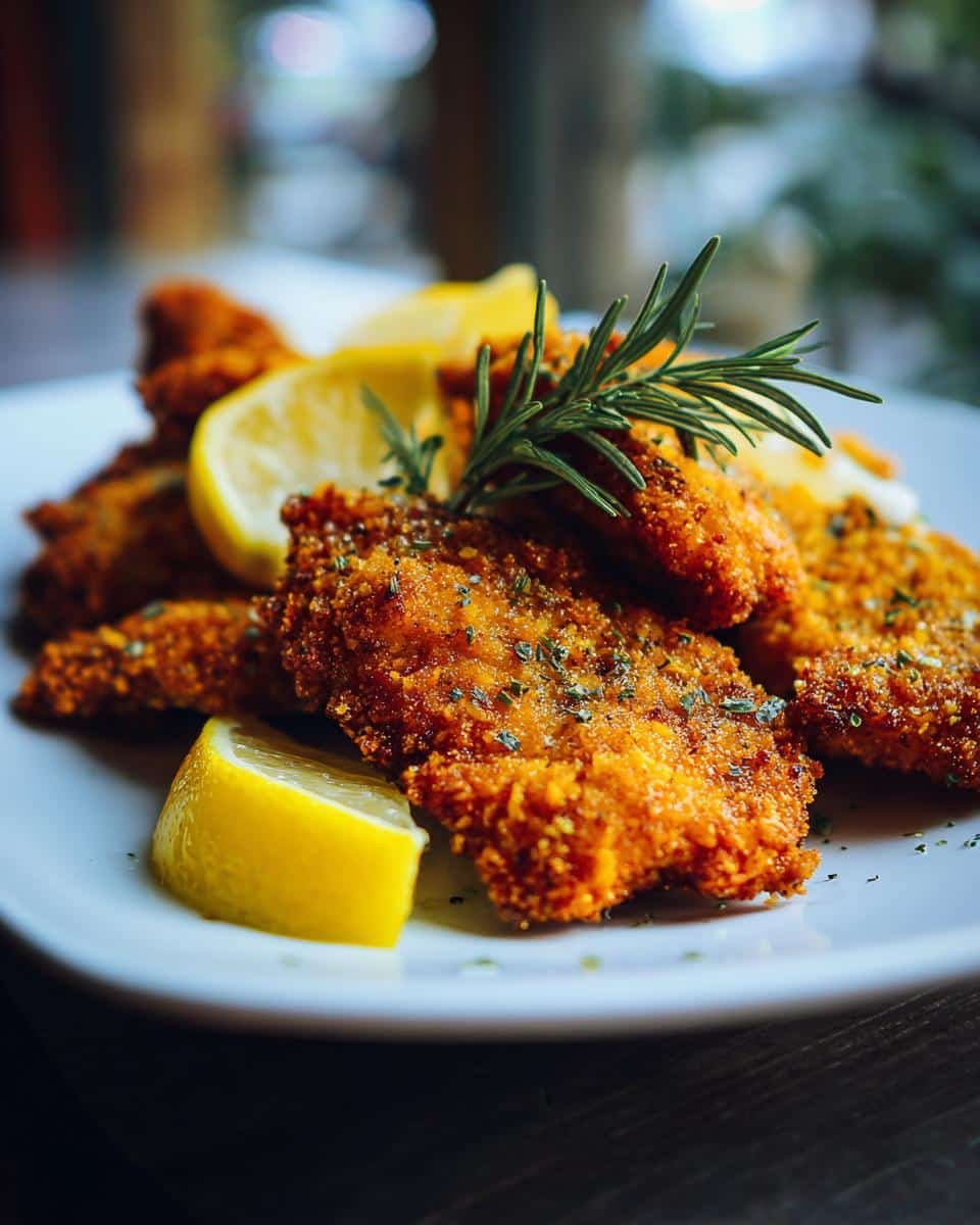 Zesty Lemon Pecorino Crispy Chicken: Ditch Sad Chicken 8 A plate of Zesty Lemon Pecorino Crispy Chicken garnished with fresh lemon wedges and rosemary.