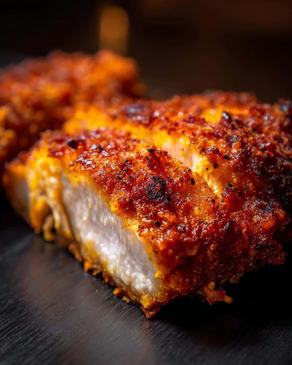 Zesty Lemon Pecorino Crispy Chicken: Ditch Sad Chicken 9 Close-up of sliced Zesty Lemon Pecorino Crispy Chicken showing the crispy crust and juicy interior.