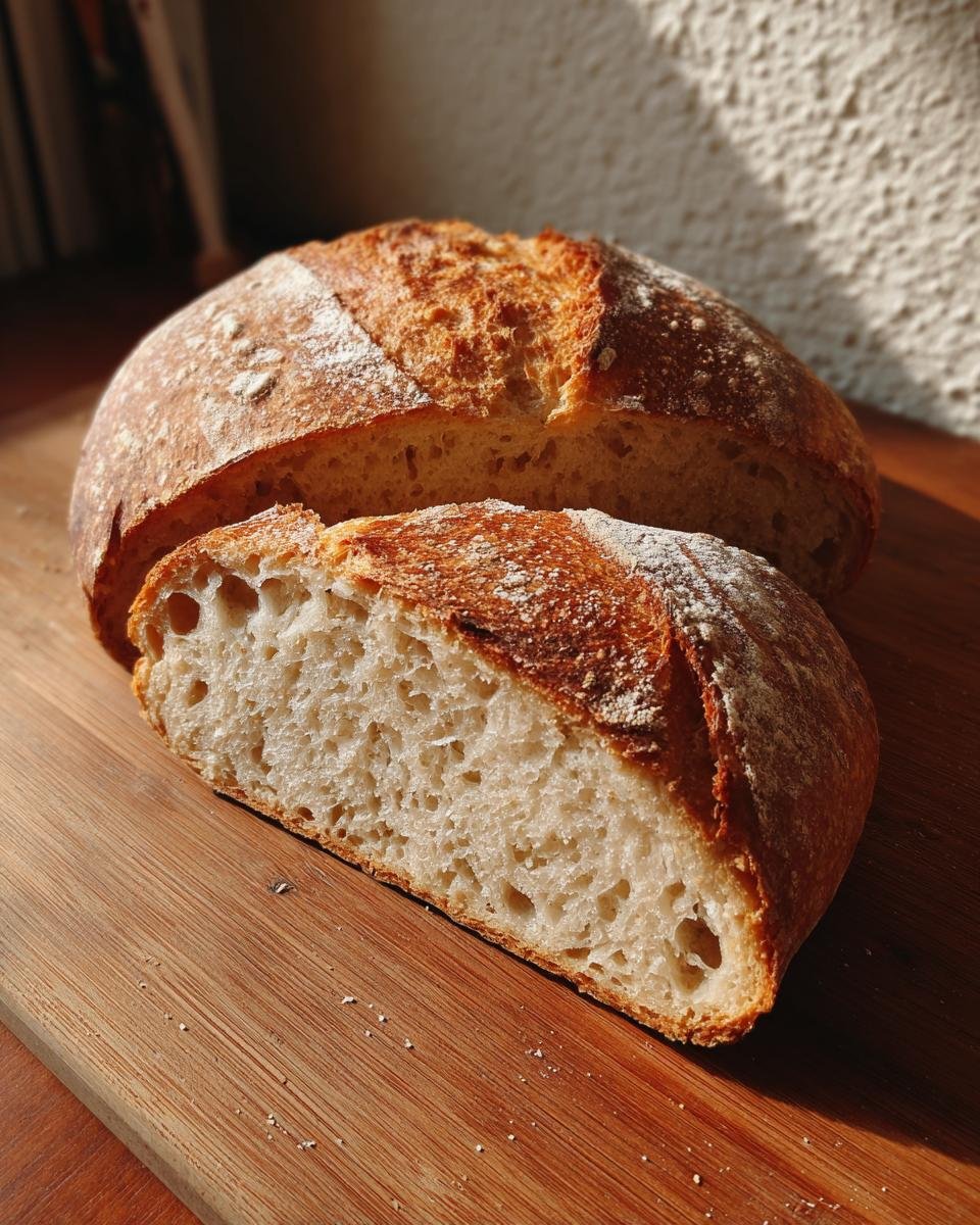 Foolproof Active Sourdough Starter Recipes With Just 4 Items 7 A loaf of sourdough bread, made from active sourdough starter recipes, sliced on a wooden board showcasing its airy crumb.