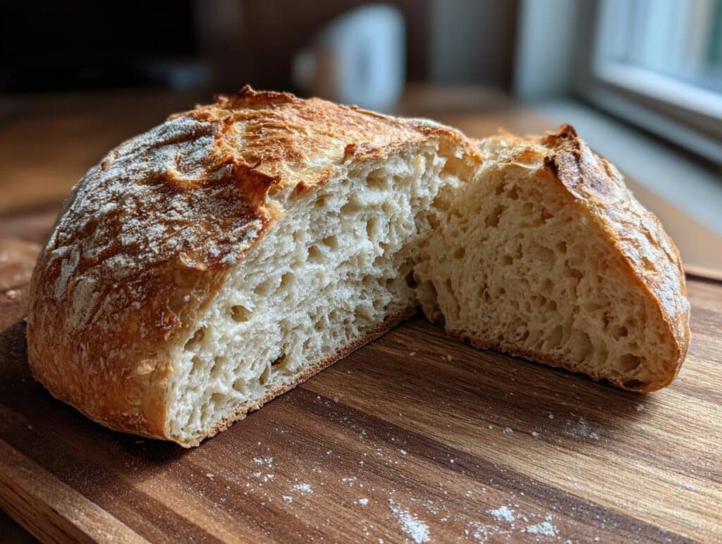 A freshly baked loaf of sourdough bread made with active sourdough starter recipes, cut in half on a wooden board.