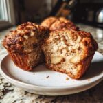 Close-up of an apple cinnamon muffin cut in half on a plate, showing apple pieces inside.