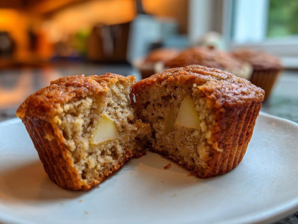 Close-up of an Apple Cinnamon Muffin cut in half, showing the apple pieces inside. Other muffins are in the background.
