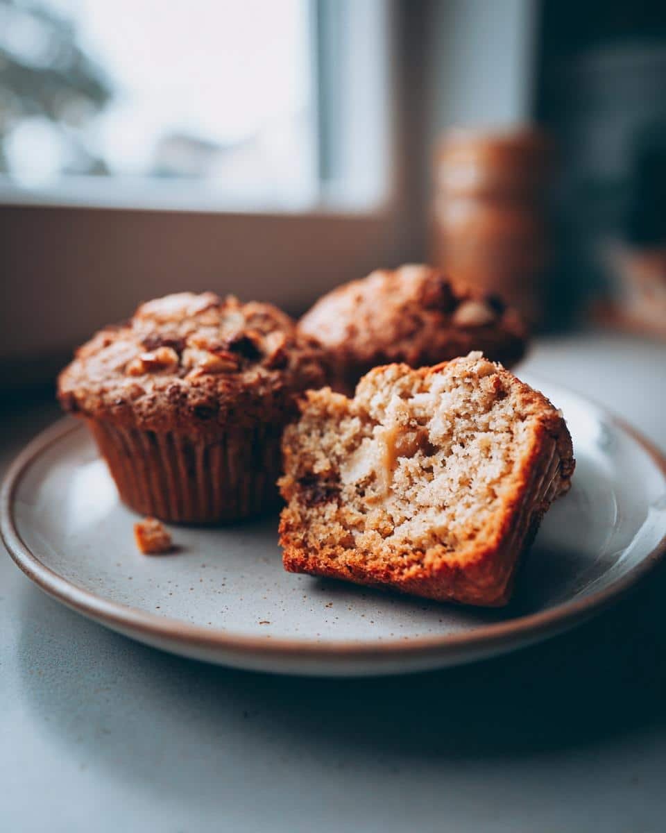 Fail-Proof Apple Cinnamon Muffins Recipe in Only 1 Hour 7 Three Apple Cinnamon Muffins on a plate, one cut in half to show the inside texture and apple pieces.