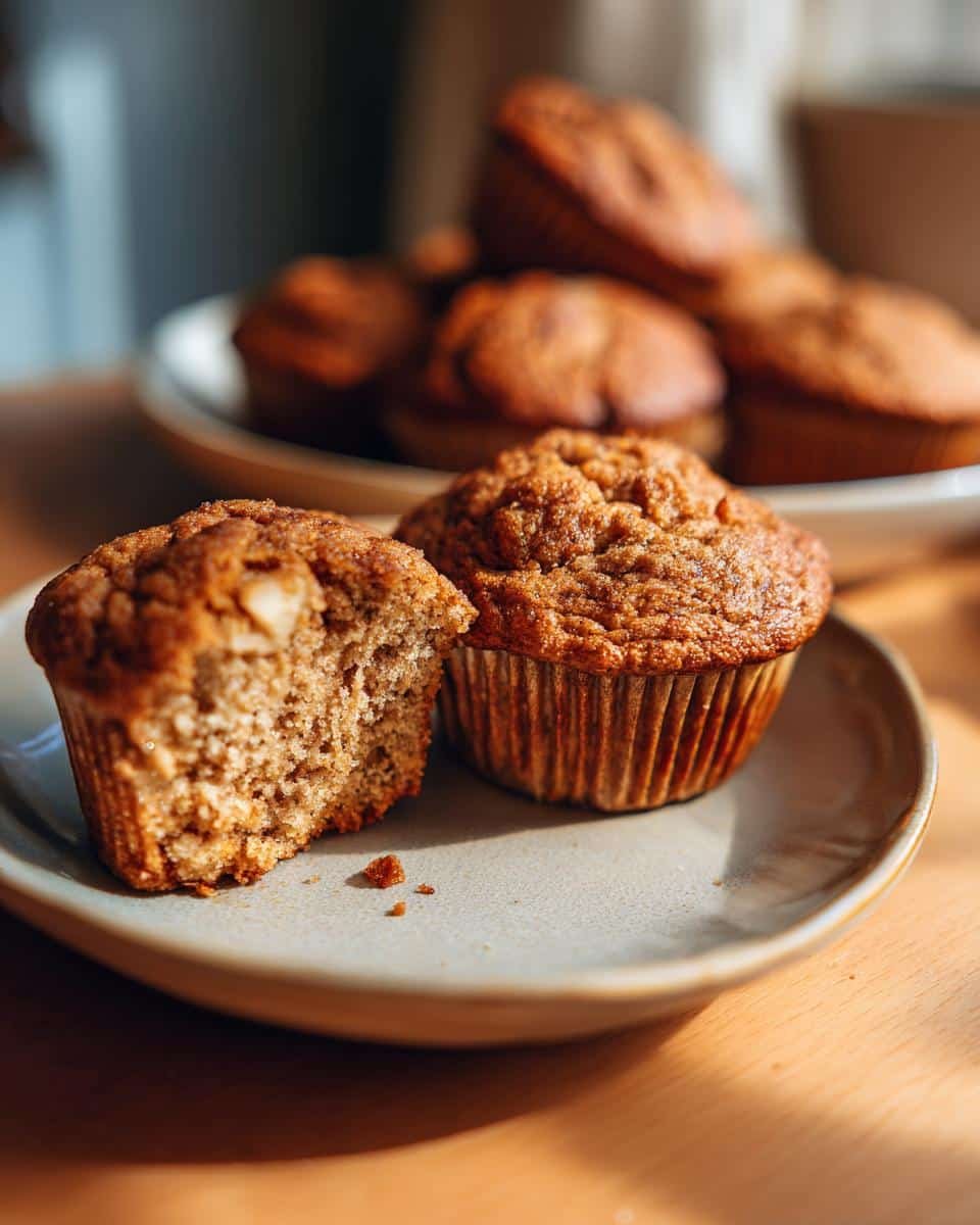Fail-Proof Apple Cinnamon Muffins Recipe in Only 1 Hour 6 Two Apple Cinnamon Muffins on a plate, one with a bite taken out, showcasing the moist interior. Muffins in background.