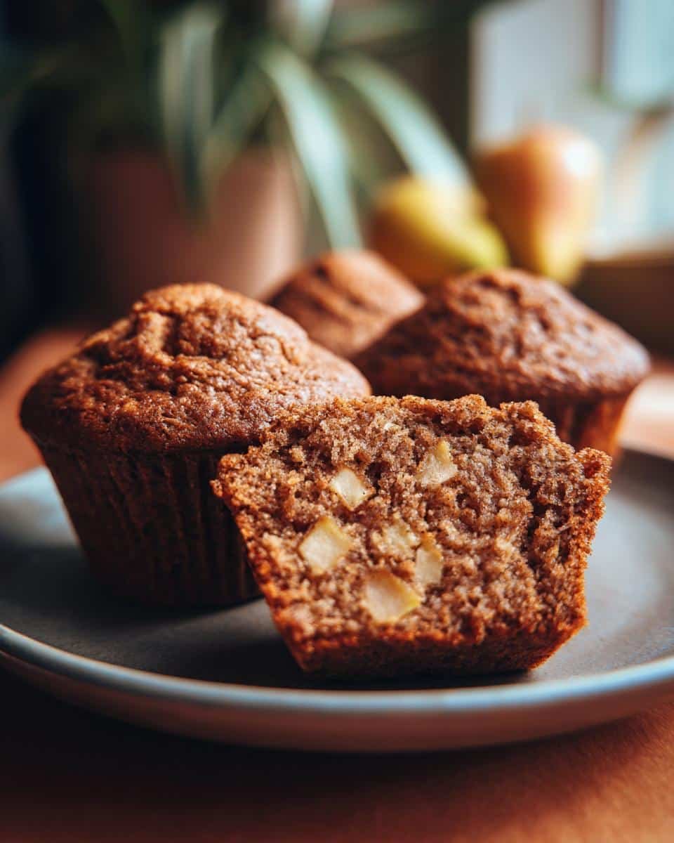 Fail-Proof Apple Cinnamon Muffins Recipe in Only 1 Hour 8 Close-up of apple cinnamon muffins on a plate, one muffin is cut in half to show the apple pieces inside.