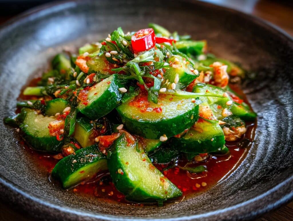 Close-up of Asian Cucumber Salad with Crab, featuring cucumbers, crab meat, sesame seeds, and a spicy sauce.