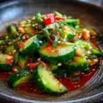 Close-up of Asian Cucumber Salad with Crab, featuring cucumbers, crab meat, sesame seeds, and a spicy sauce.